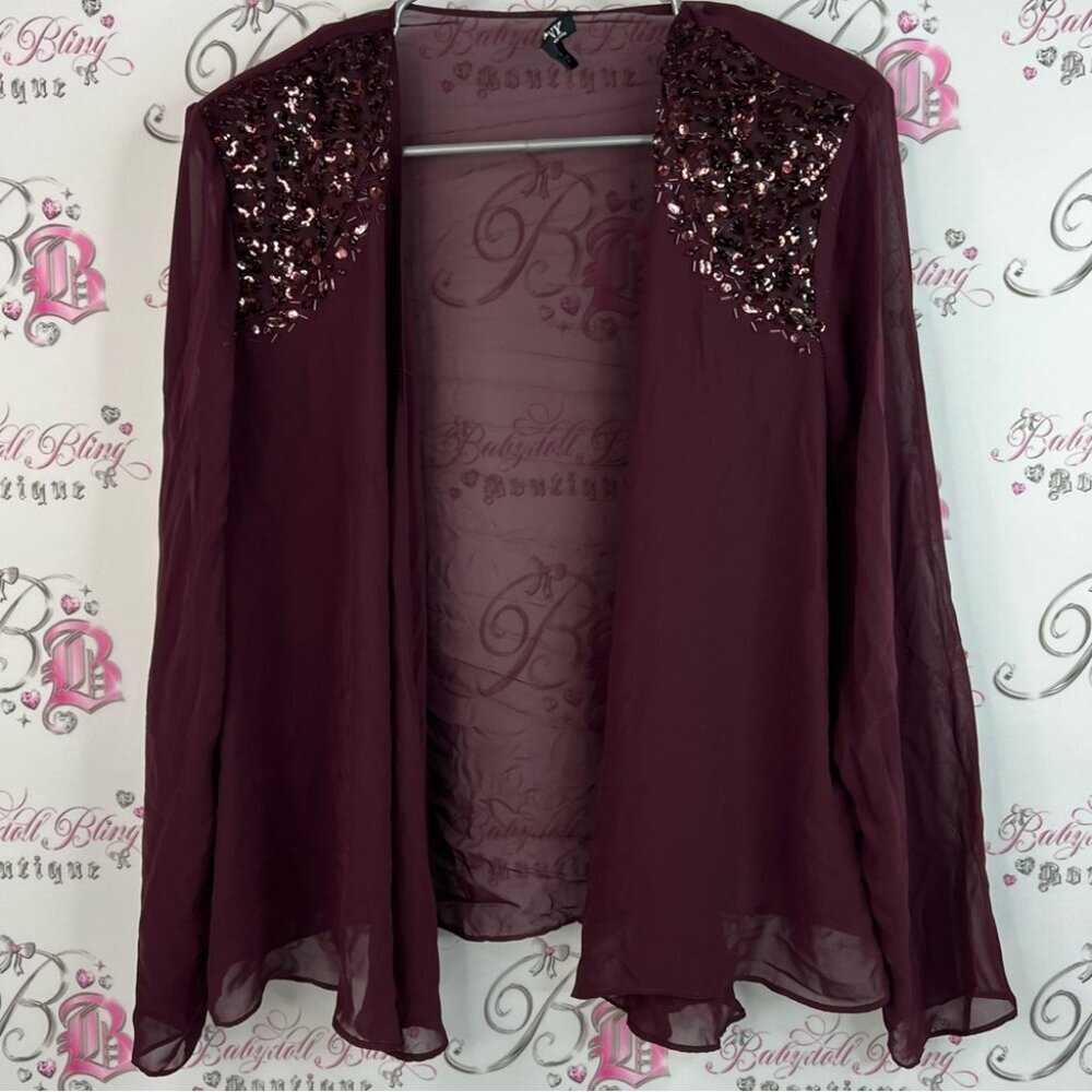SLNY cardigan sequins embroidered sheer lightweight Rich Burgundy wine Jacket